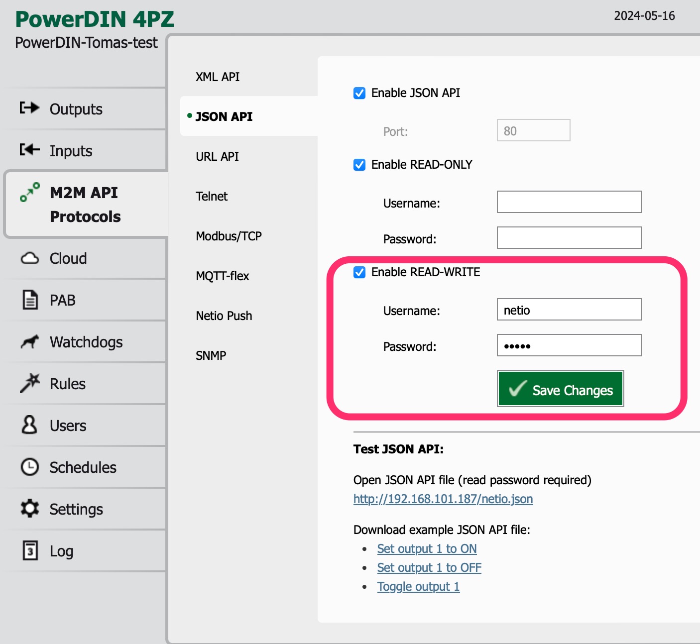 Netio device JSON API configuration 