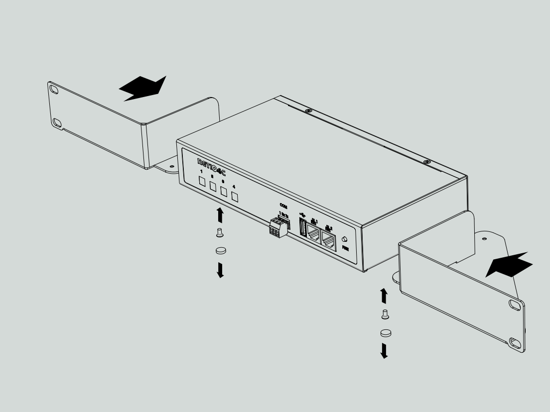 Metal brackets to install one NETIO 4C device into a 1U space in a 19” rack frame.