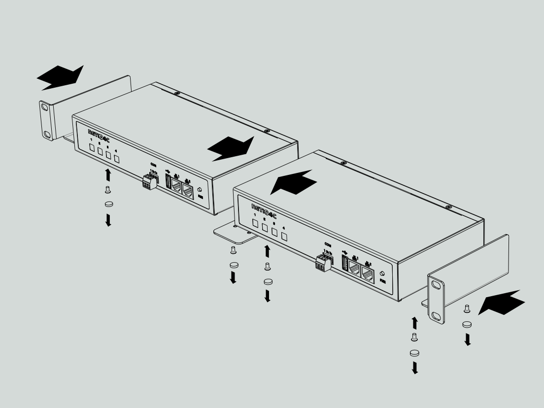 Metal brackets to install two NETIO 4C devices into a 1U space in a 19 rack frame