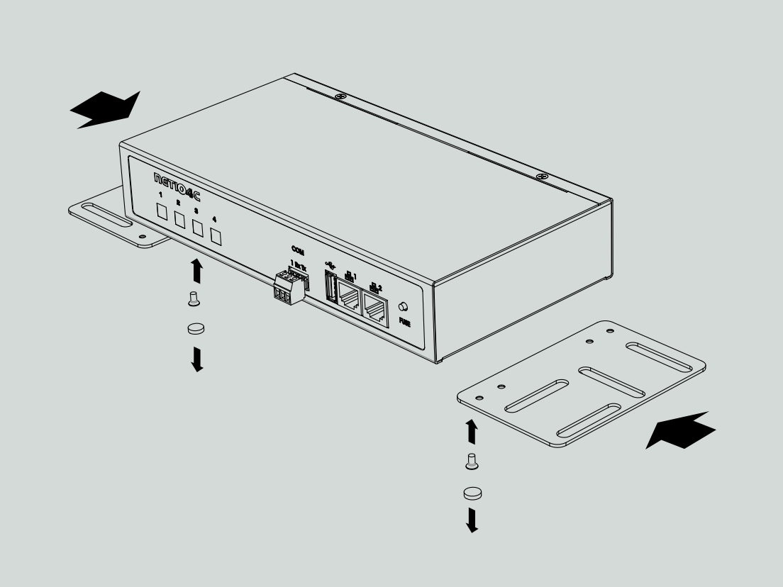 Universal metal brackets to fasten one NETIO 4C device e.g. to horizontal bars in a rack frame