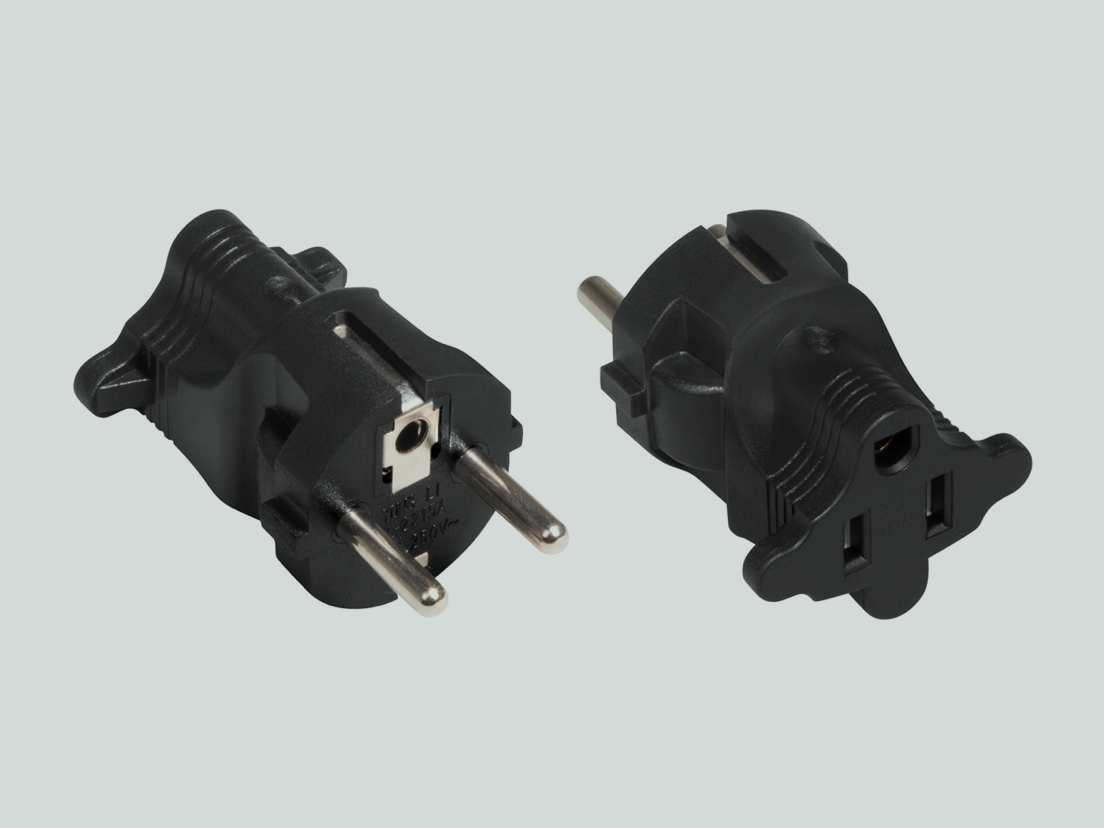 A plug adapter for US (NEMA), European (Europlug) or other 110/230V cables