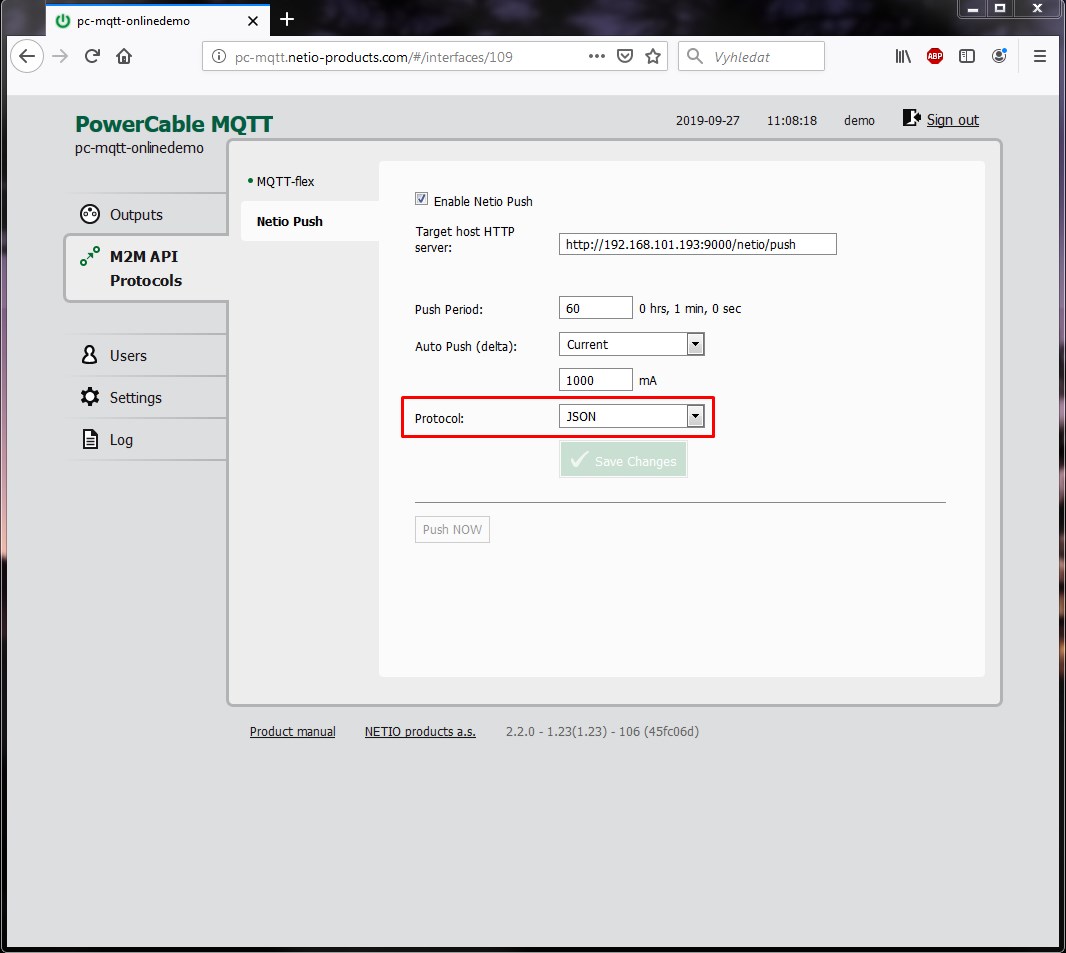 HTTPs Push JSON API NETIO Power sockets monitored over M2M API