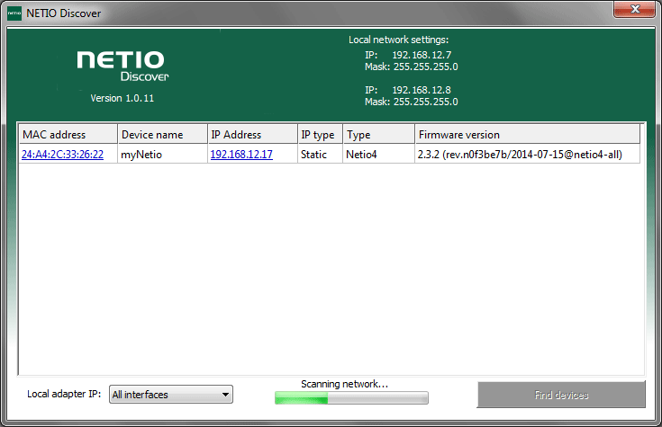 NETIO Discover is screening network to find any networked NETIO device