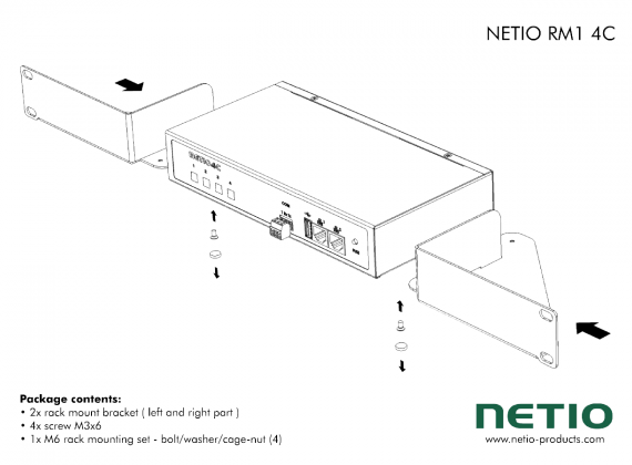 Metal brackets to install one NETIO 4C device into a 1U space in a 19” rack frame