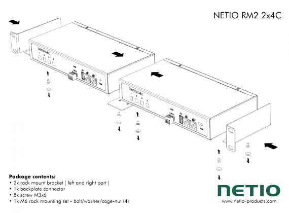 Metal brackets to install two NETIO 4C devices into a 1U space in a 19” rack frame. 
