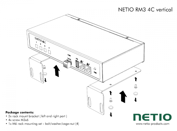 Metal brackets to fasten one NETIO 4C device to a vertical bar in a rack frame