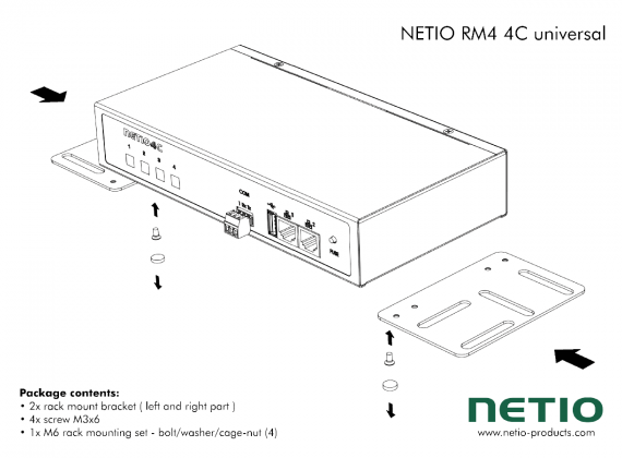 Universal metal brackets to fasten one NETIO 4C device e.g. to horizontal bars in a rack frame