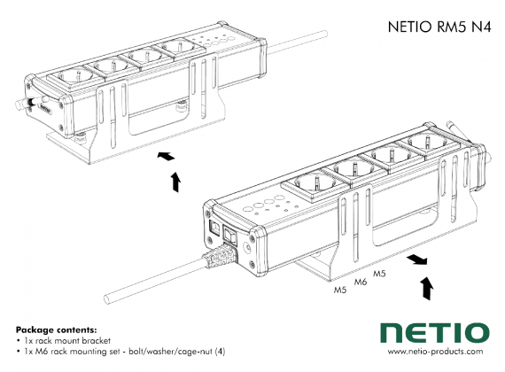 A metal bracket to fasten one NETIO 4 or NETIO 4All device to a vertical bar in a rack frame