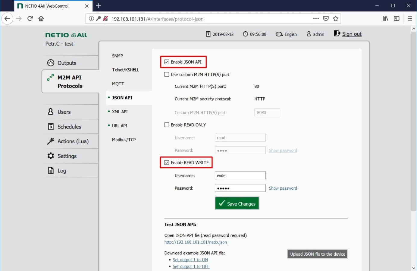 Enable JSON API in NETIO power socket