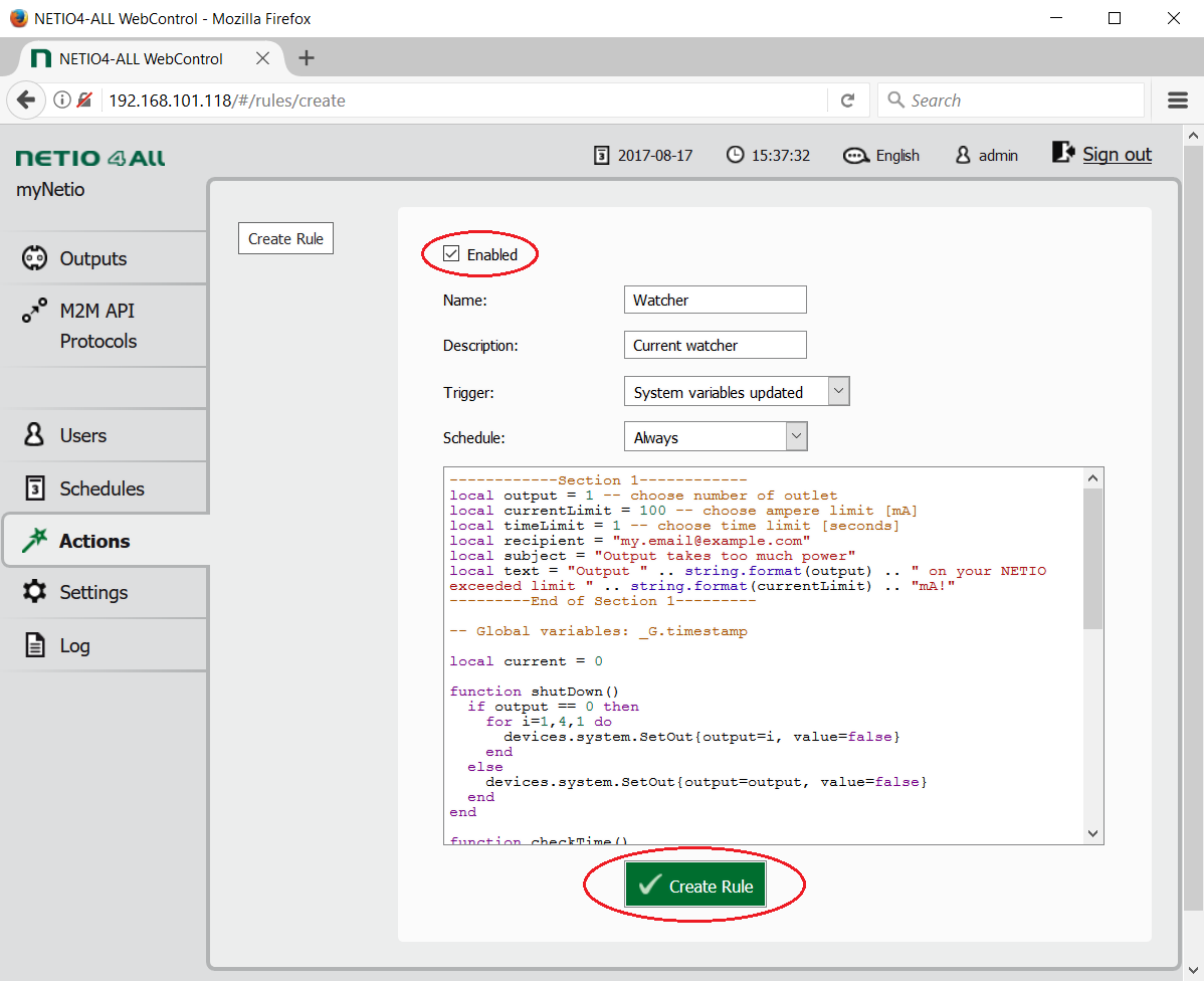 The Lua script shown in NETIO AN03 monitors the current flowing through a selected output (or the sum of currents through all the outputs). The Lua script shown in NETIO AN03 monitors the current flowing through a selected output (or the sum of currents through all the outputs).