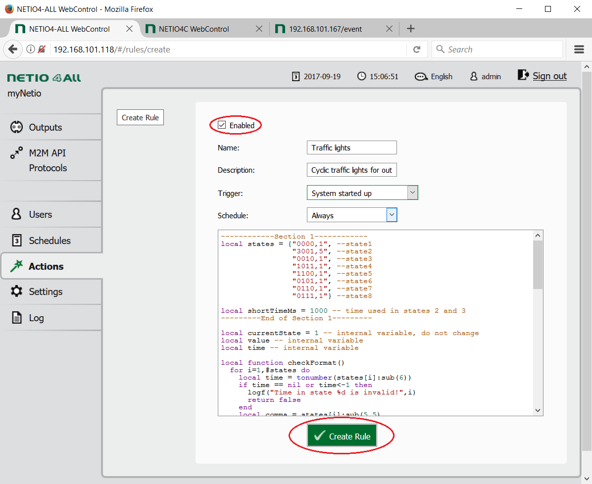 AN08 demonstrates the use of a Lua script to switch 230V sockets on/off according to a table AN08 demonstrates the use of a Lua script to switch 230V sockets on/off according to a table