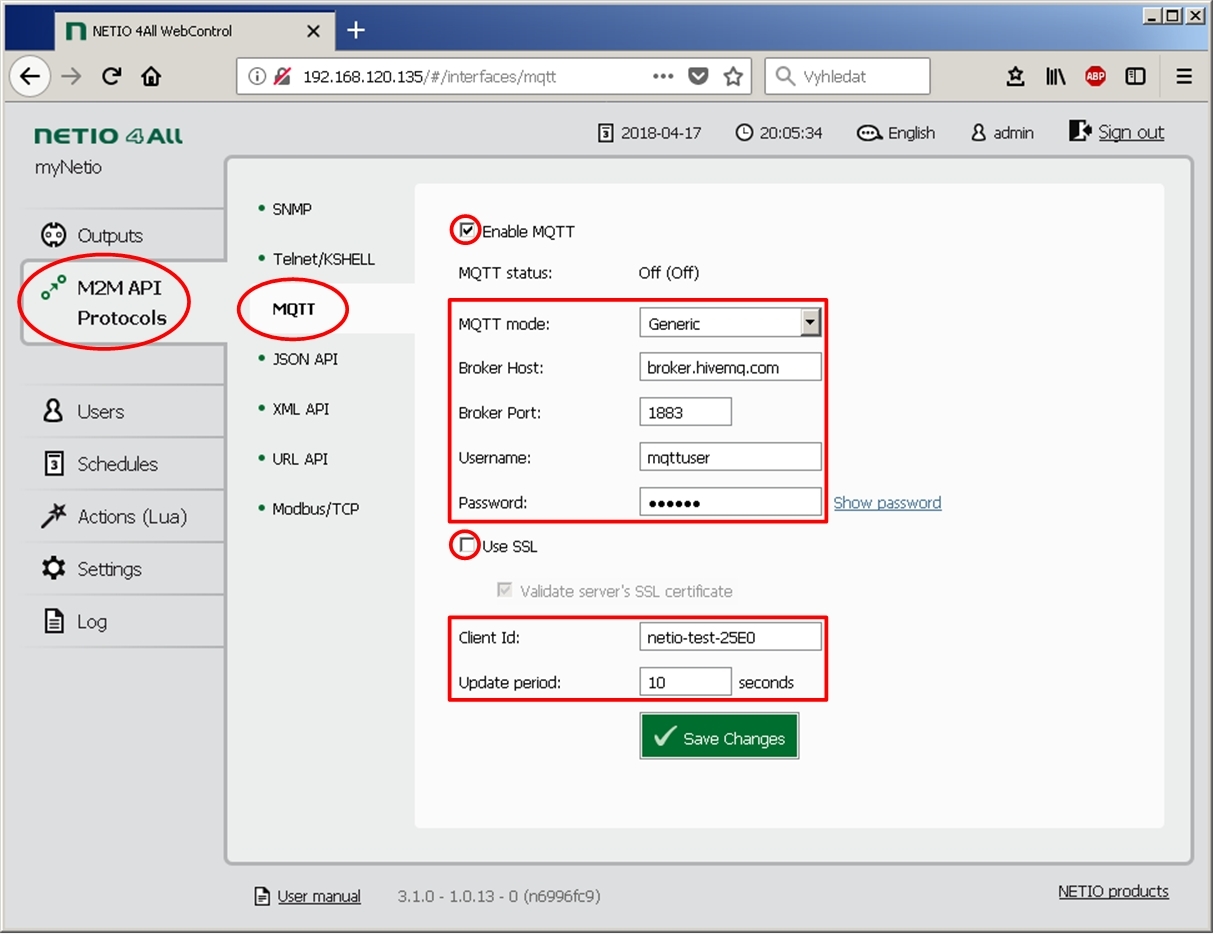 Allow MQTT API in the NETIO power socket interface