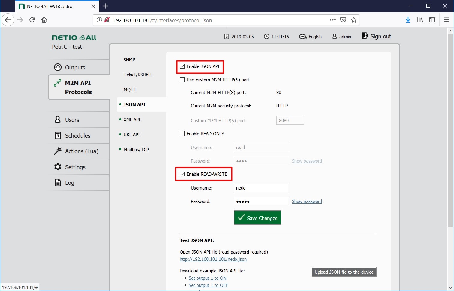 Enabeling URL API in web interface of smart power outlets NETIO