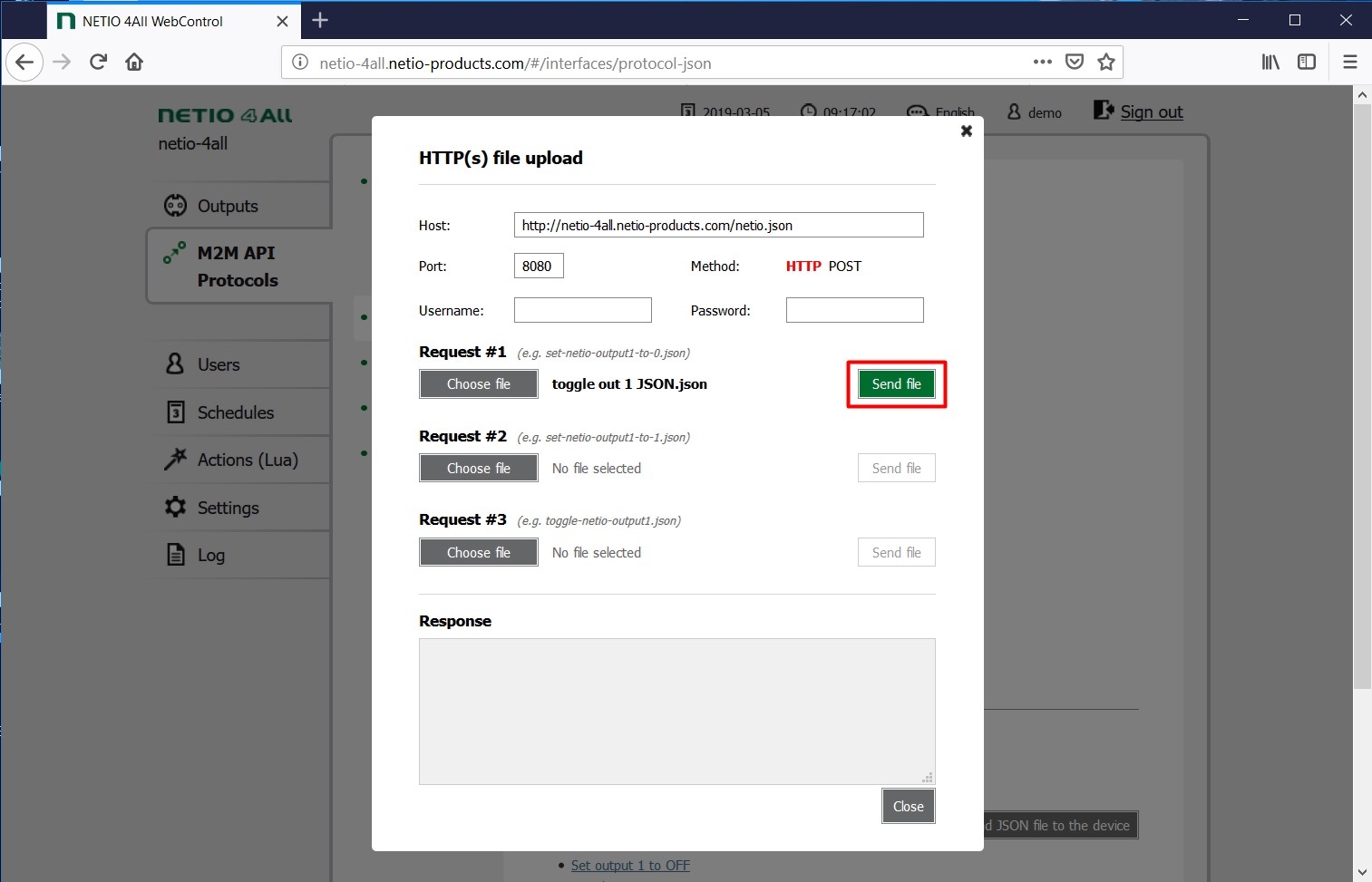 Send chosen netio.json in NETIO device HTTP(s) file upload to the NETIO smart power socket
