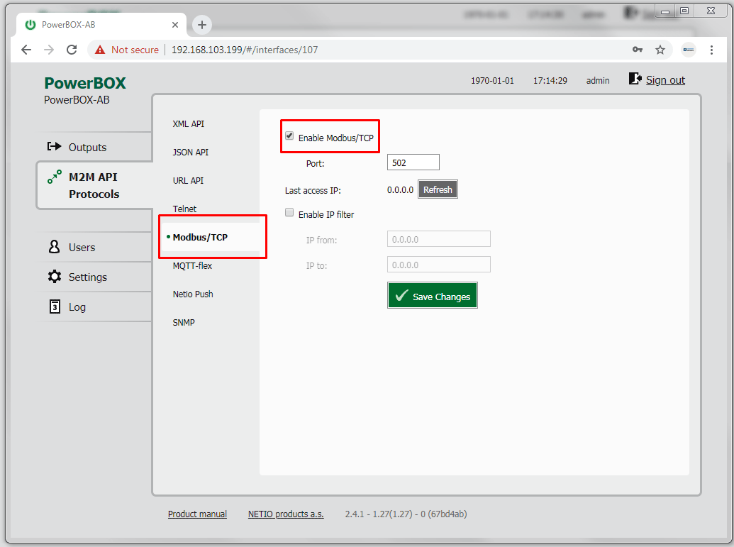 Enable Modbus-TCP protocol in NETIO LAN-WiFi power sockets