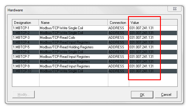 Setup Modbus TCP adress for each block