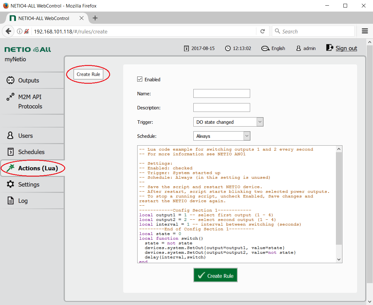 Creating new rule in Lua scripting language in web interface