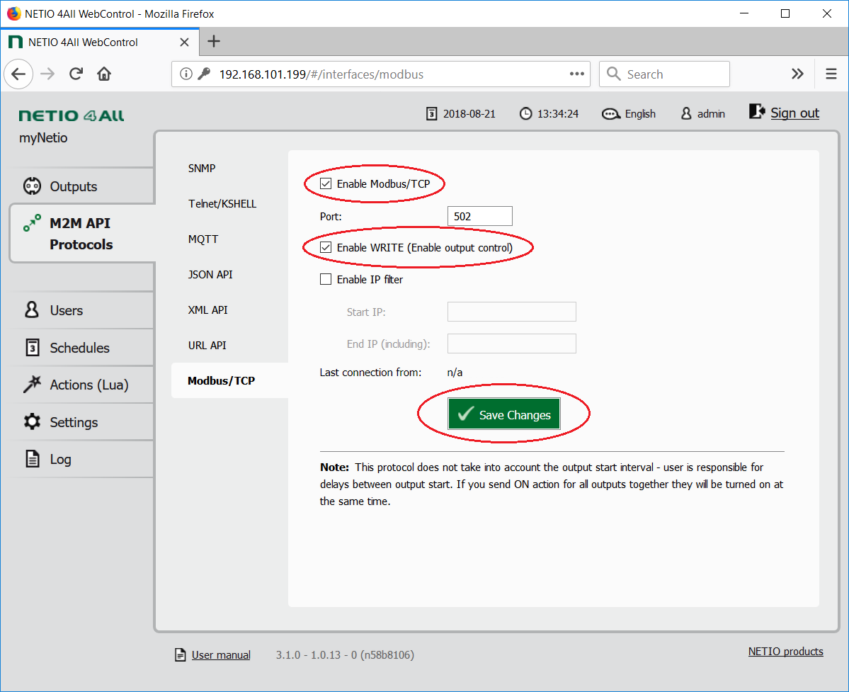 Enable Modbus in web interface of smart power outlets NETIO