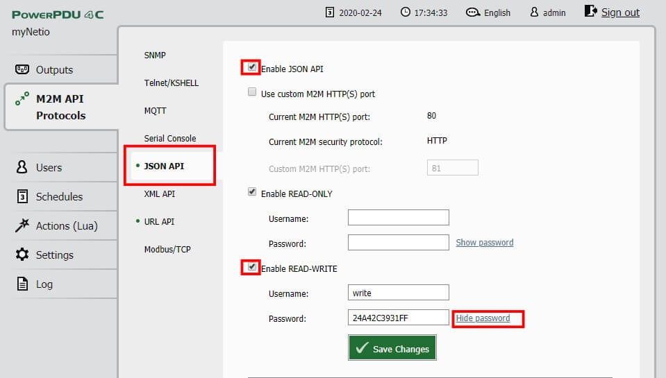 NETIO PowerPDU 4C web configuration – JSON API
