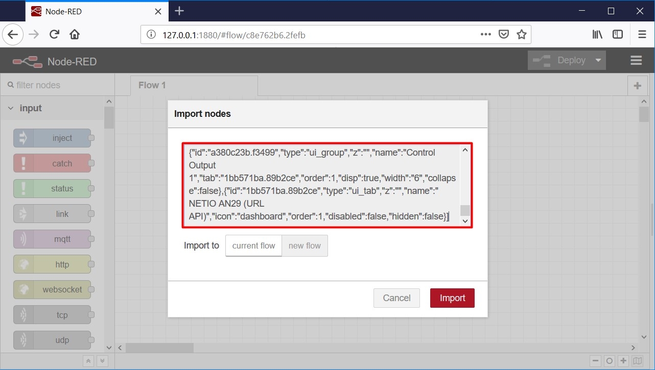 Node-RED import of flow script