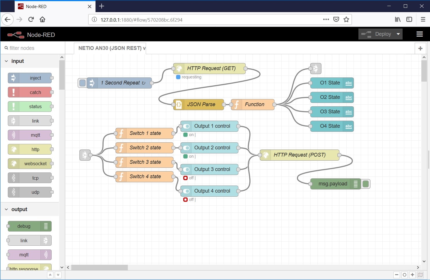 Node-RED v2 flow for controlling switched PDU NETIO