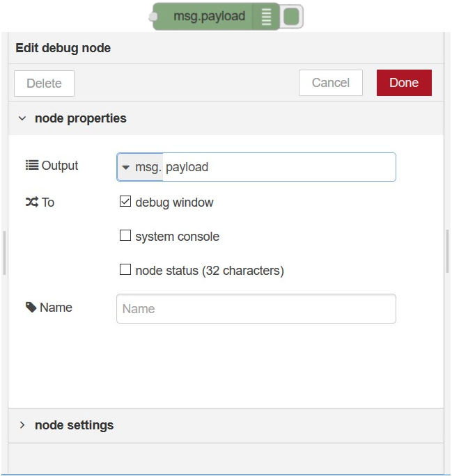Debug node in Node-RED