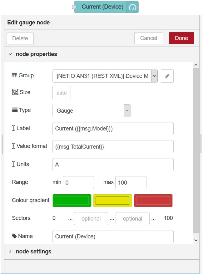Gauge node in Node-RED