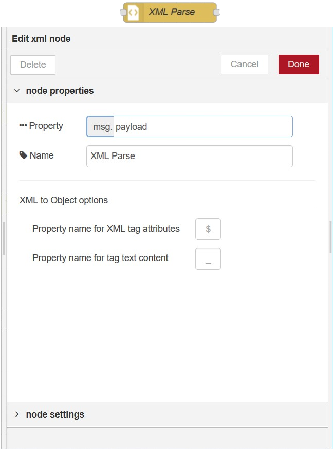 XML node in Node-RED