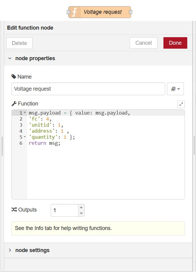 Function node named Voltage request in node-RED