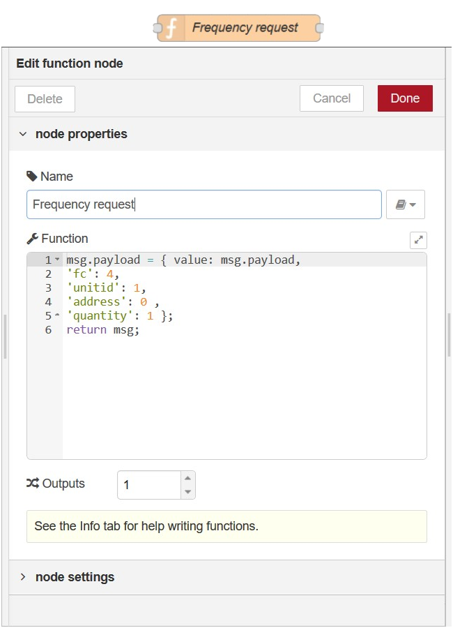 Function node named Frequency request in node-RED