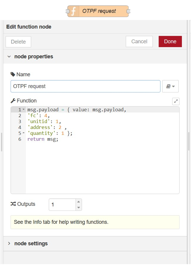 Function node named OTPF request in node-RED