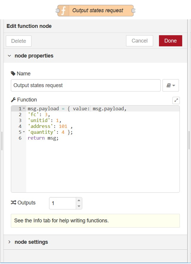 Function node named Output states request  in node-RED