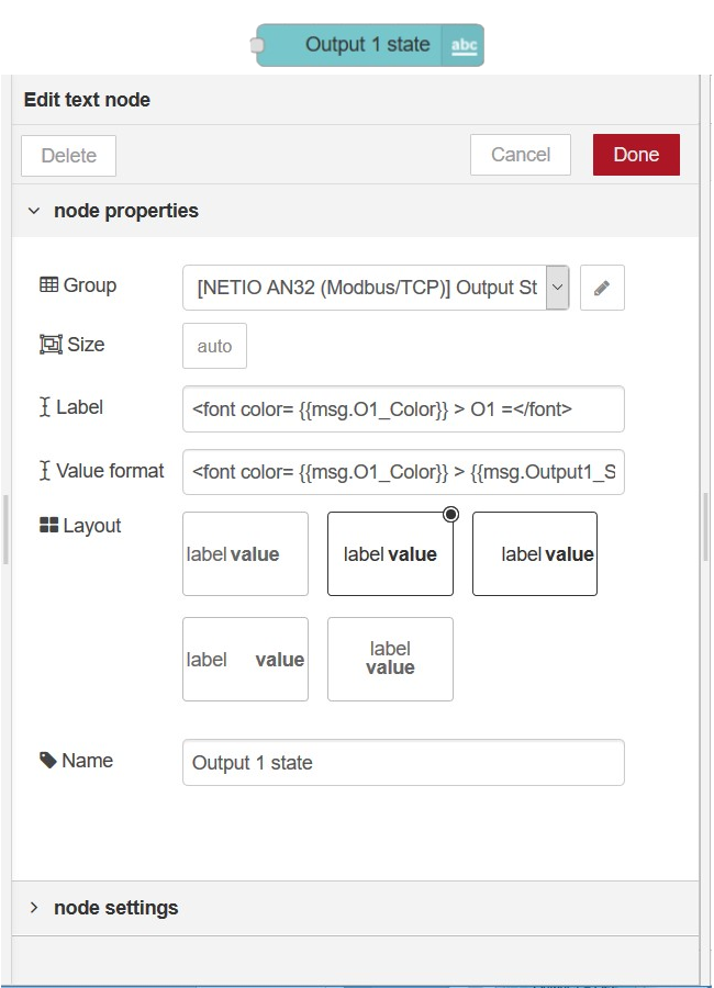 Configuration of text node in node-RED