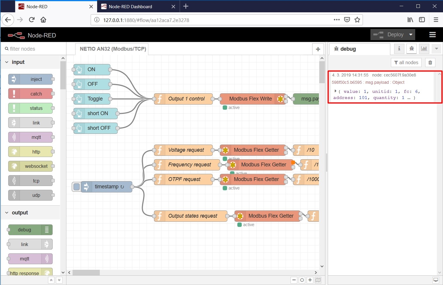 Debug message in node-RED from NETIO 4x smart power socke