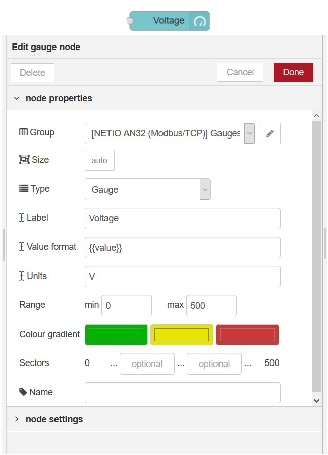 Gauge node configuration in node-RED