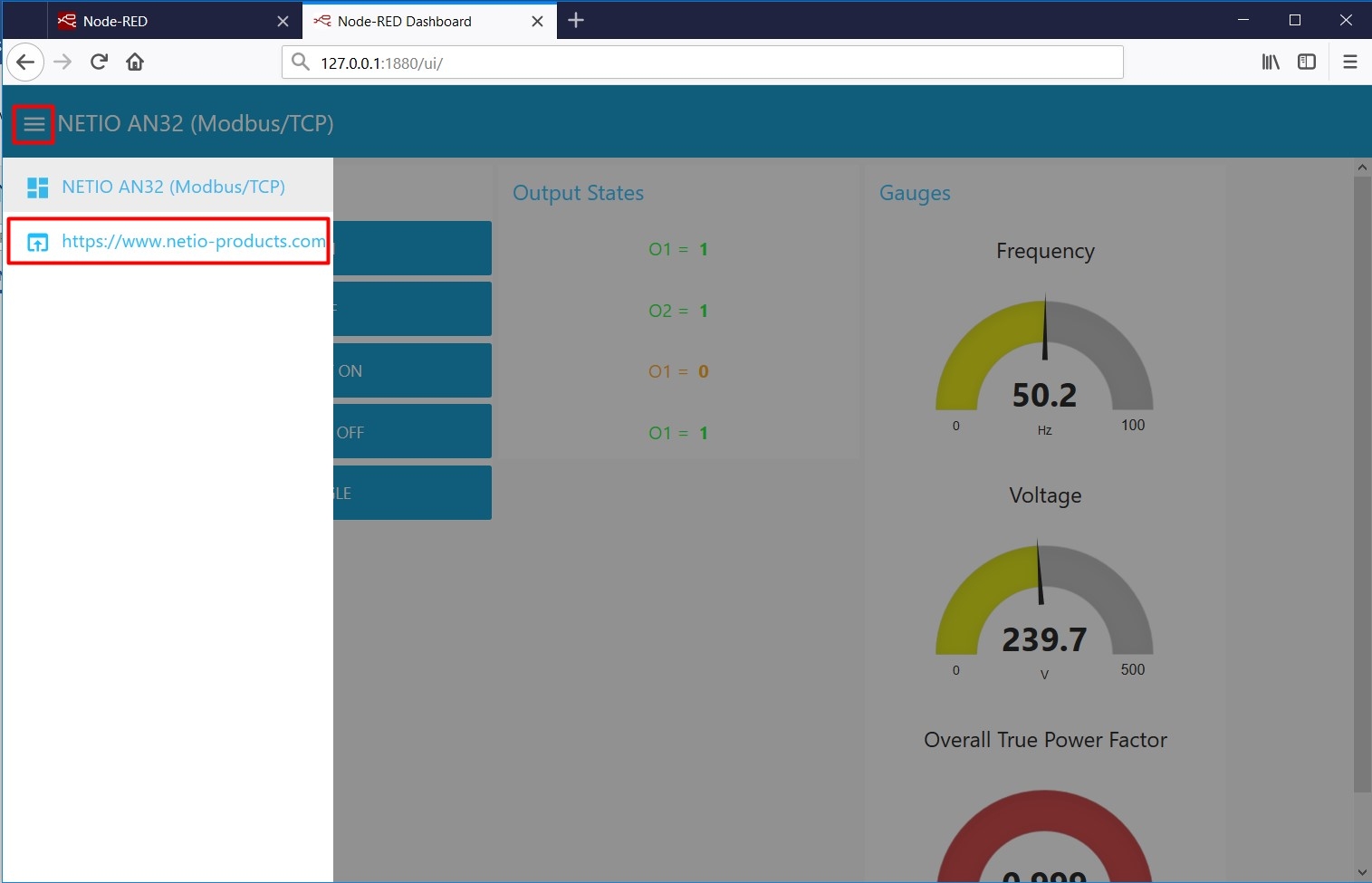 NETIO webpage link in node-RED dashboard