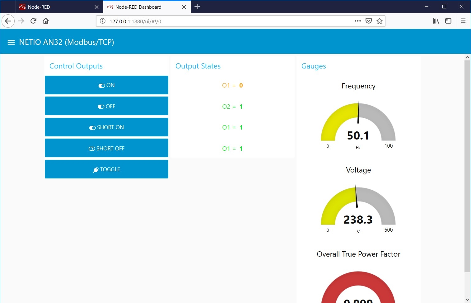 Dashboard for Application Note AN32a for modbus communication with NETIO smart power socket showing voltage, current and frequency gauges