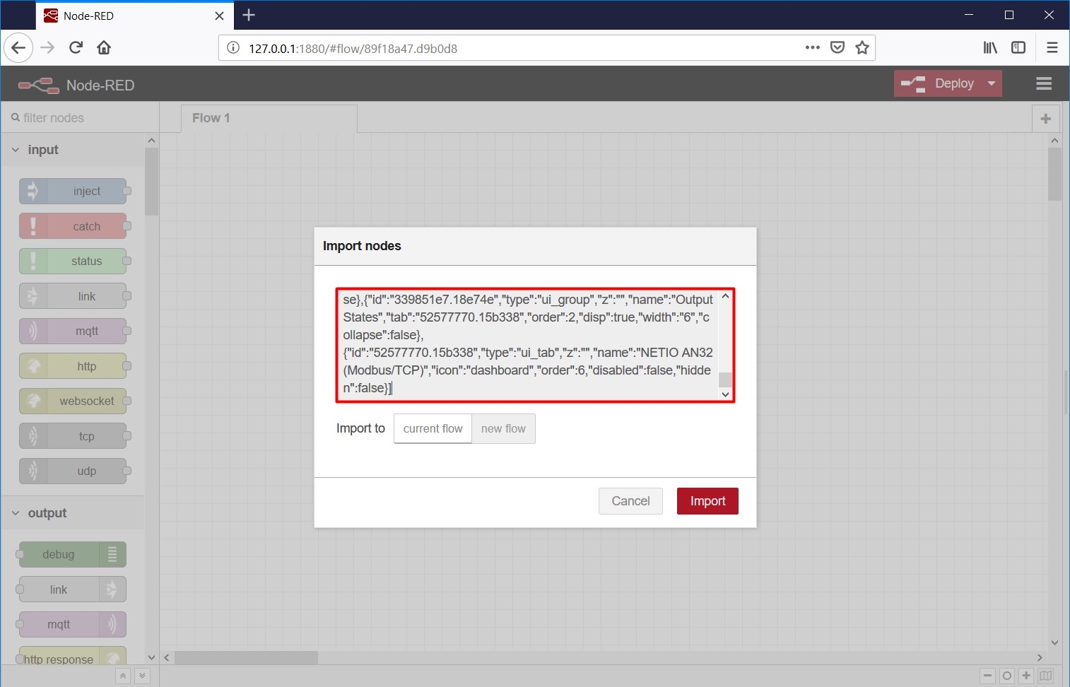 Copy flow import skript of netio AN32 into pop-up window in node-RED