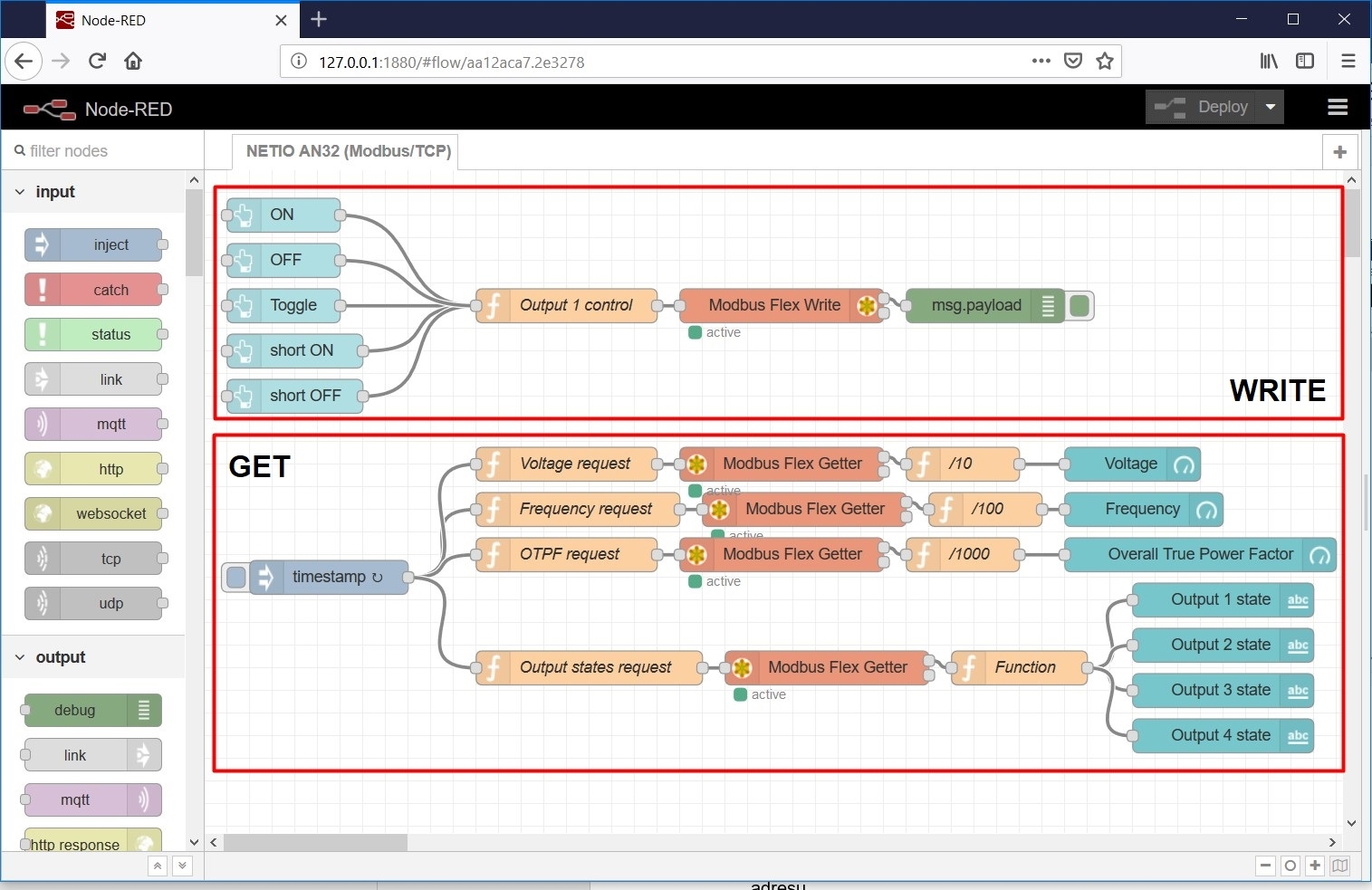 Divided flow from NETIO AN32a into WRITE section and GET section in node-RED