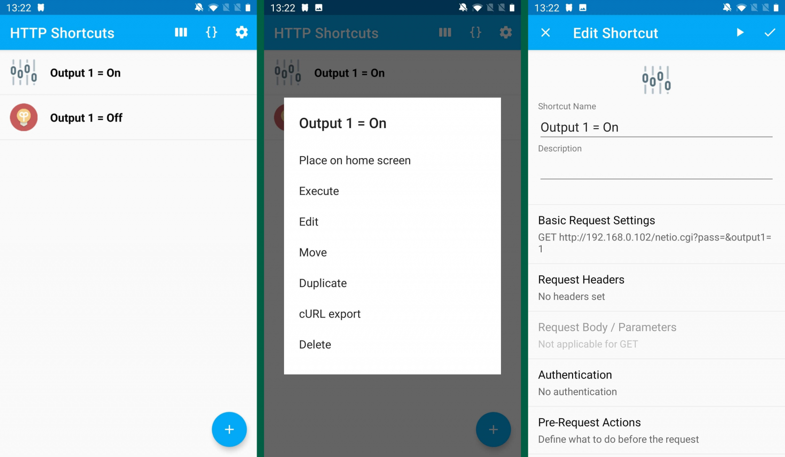 Screenshots of HTTP Request Shortcuts, android app for controlling NETIO networked smart power sockets