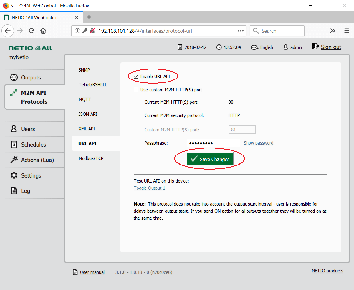 URL API setup in NETIO web interface of NETIO smart power socket