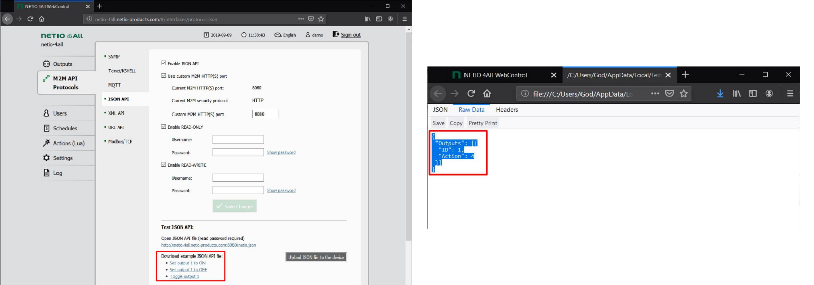 NETIO JSON API setup tab with netio.json examples to control NETIO networked smart power outlet