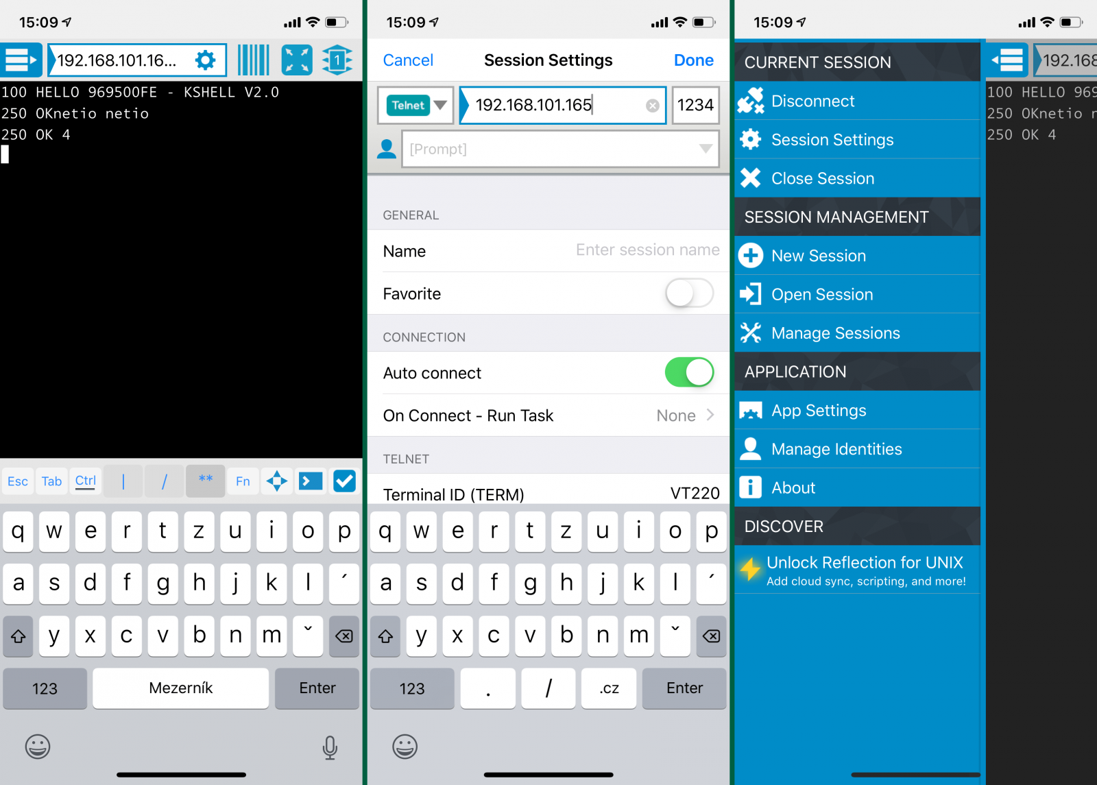 Screenshots of Reflection for UNIX SSH Client, ios app for controlling NETIO networked smart power sockets with OPEN API