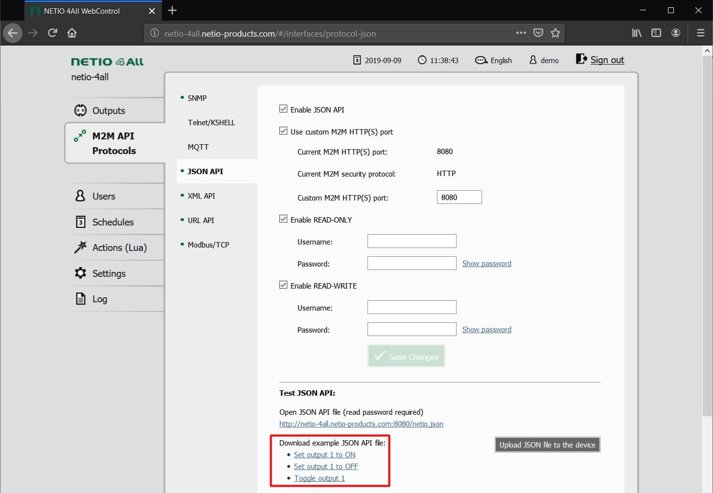 NETIO JSON API setup tab with netio.json examples to control NETIO networked smart power outlet