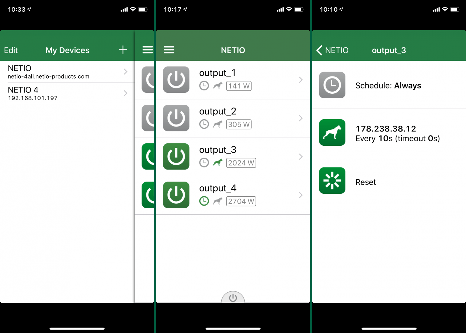 Screenshots of NETIO Mobile, ios app for controlling NETIO networked smart power sockets