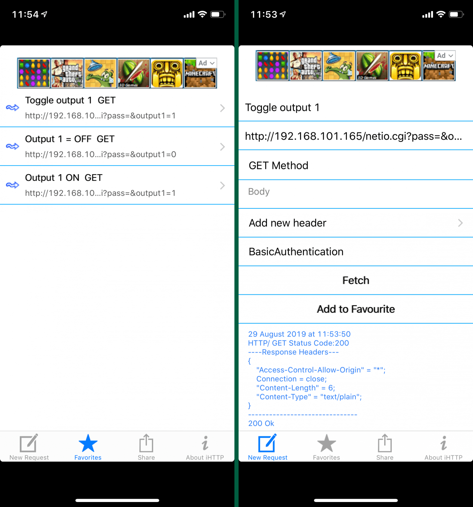 Screenshots of iHTTP, ios app for controlling NETIO networked smart power sockets