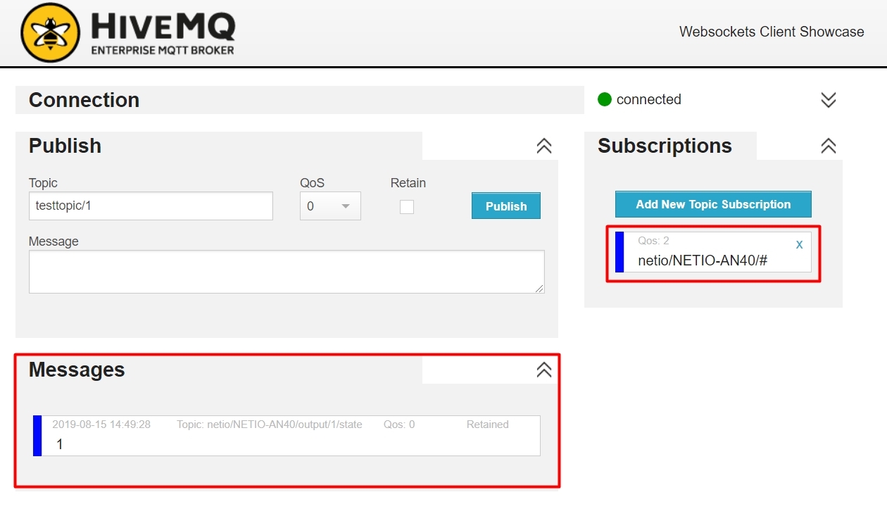 HiveMQ websocket client with highlighted messages from NETIO PowerCable MQTT MQTT-flex protocol