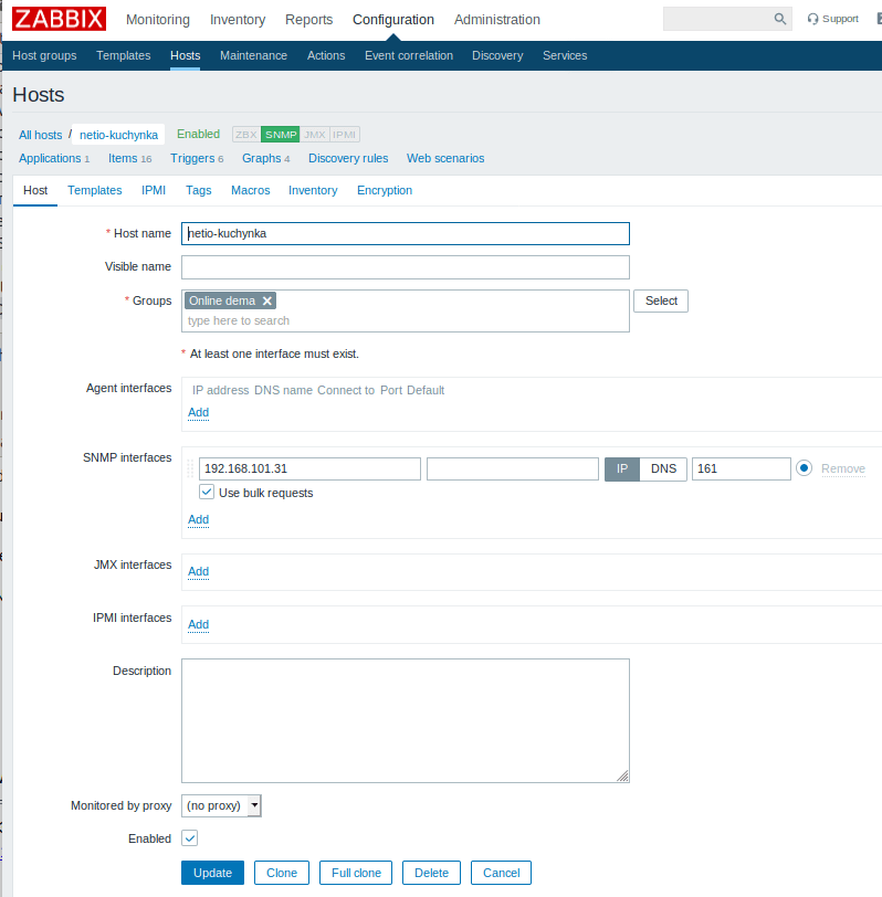 Create host in Zabbix monitoring system