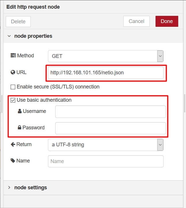 Http request node with NETIO smart power socket JSON API address