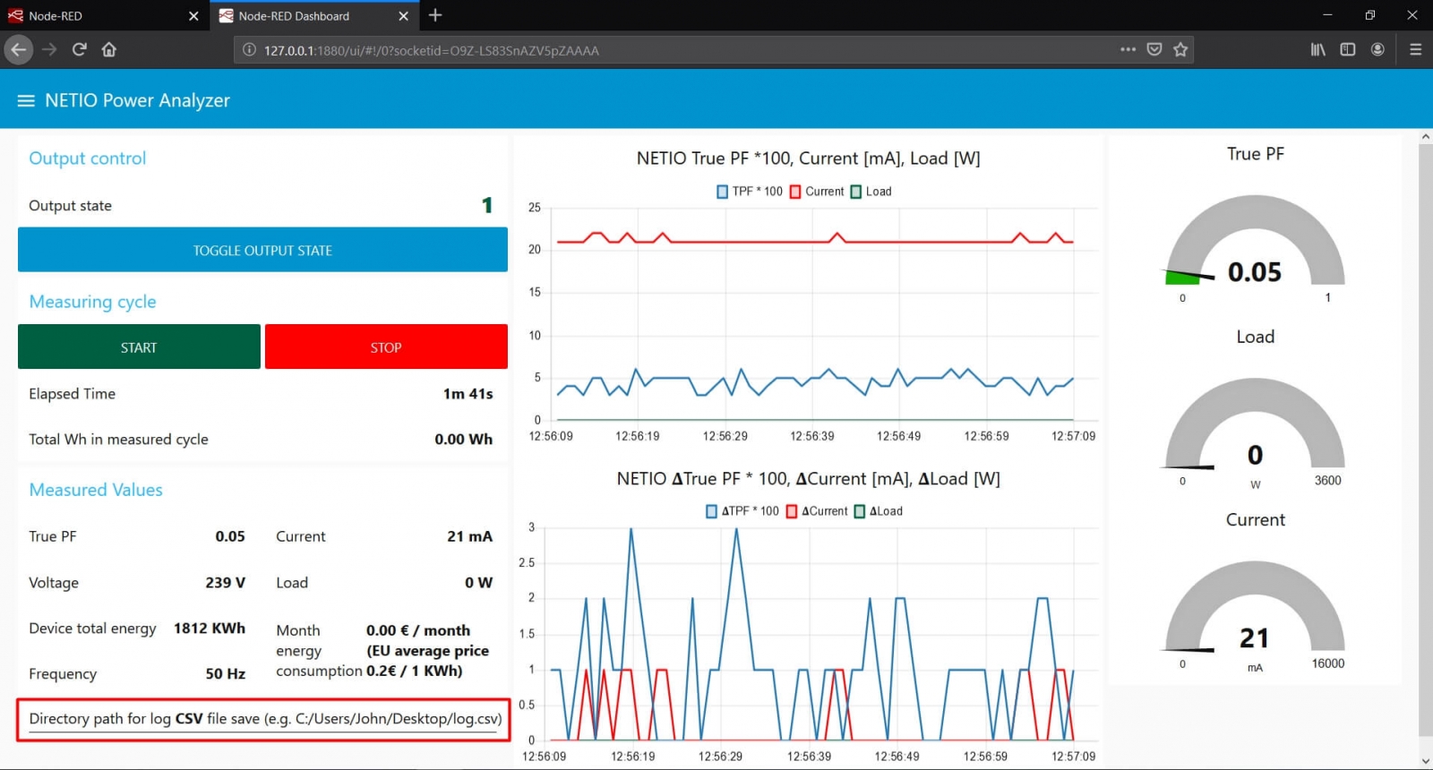 NETIO Power Analyzer node-RED dashboard with highlighted csv log path for logging values from NETIO smart power socket